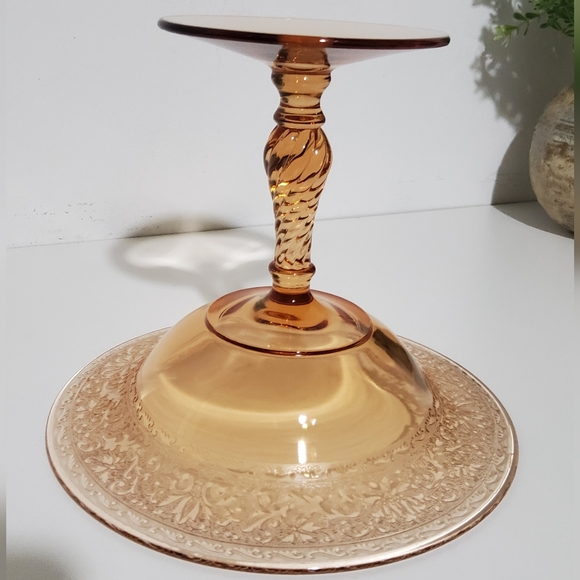 Vintage Fostoria Royal Etched Amber Glass Compote - Picture 6 of 8